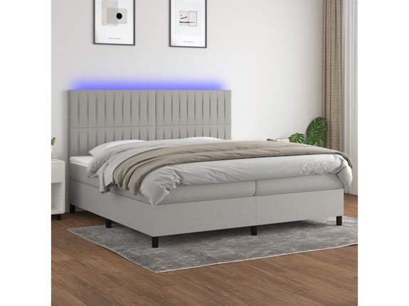 VIDAXL Box spring postelja z vzmetnico LED sv. siva 200x200 cm blago