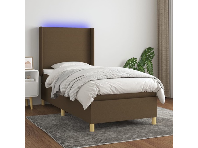 VIDAXL Box spring postelja z vzmetnico LED temno rjava 90x200 cm blago