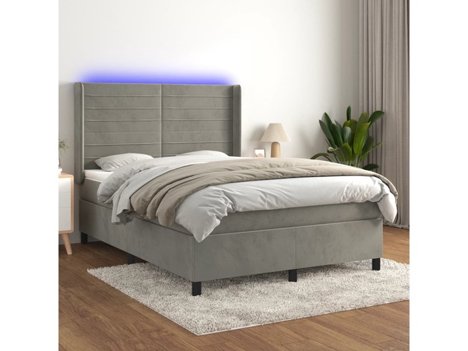 VIDAXL Box spring postelja z vzmetnico LED svetlo siva 140x200cm žamet