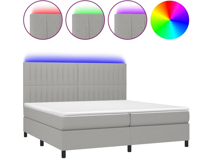 VIDAXL Box spring postelja z vzmetnico LED sv. siva 200x200 cm blago
