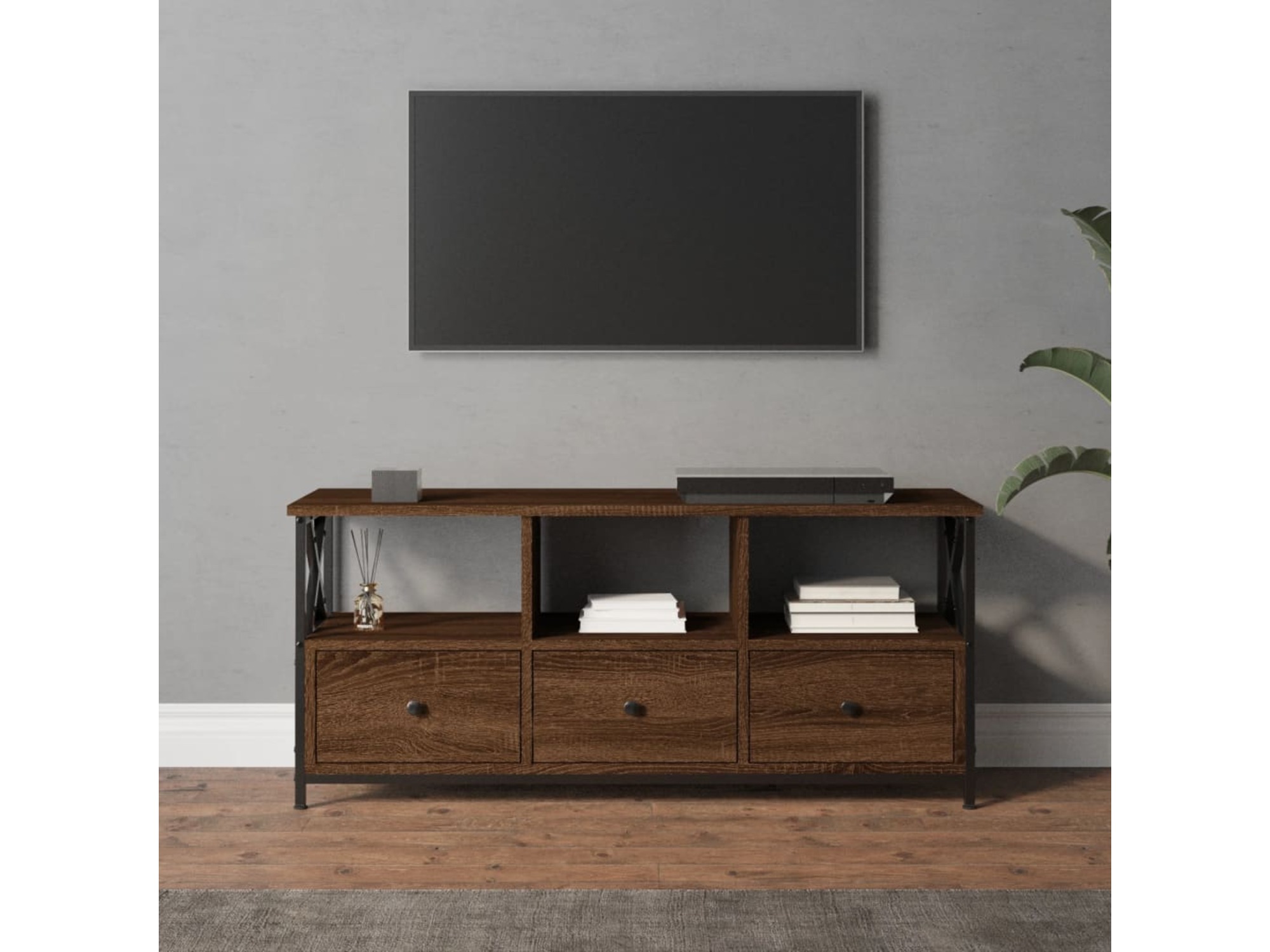 VIDAXL TV omarica rjavi hrast 102x33x45 cm inženirski les in železo